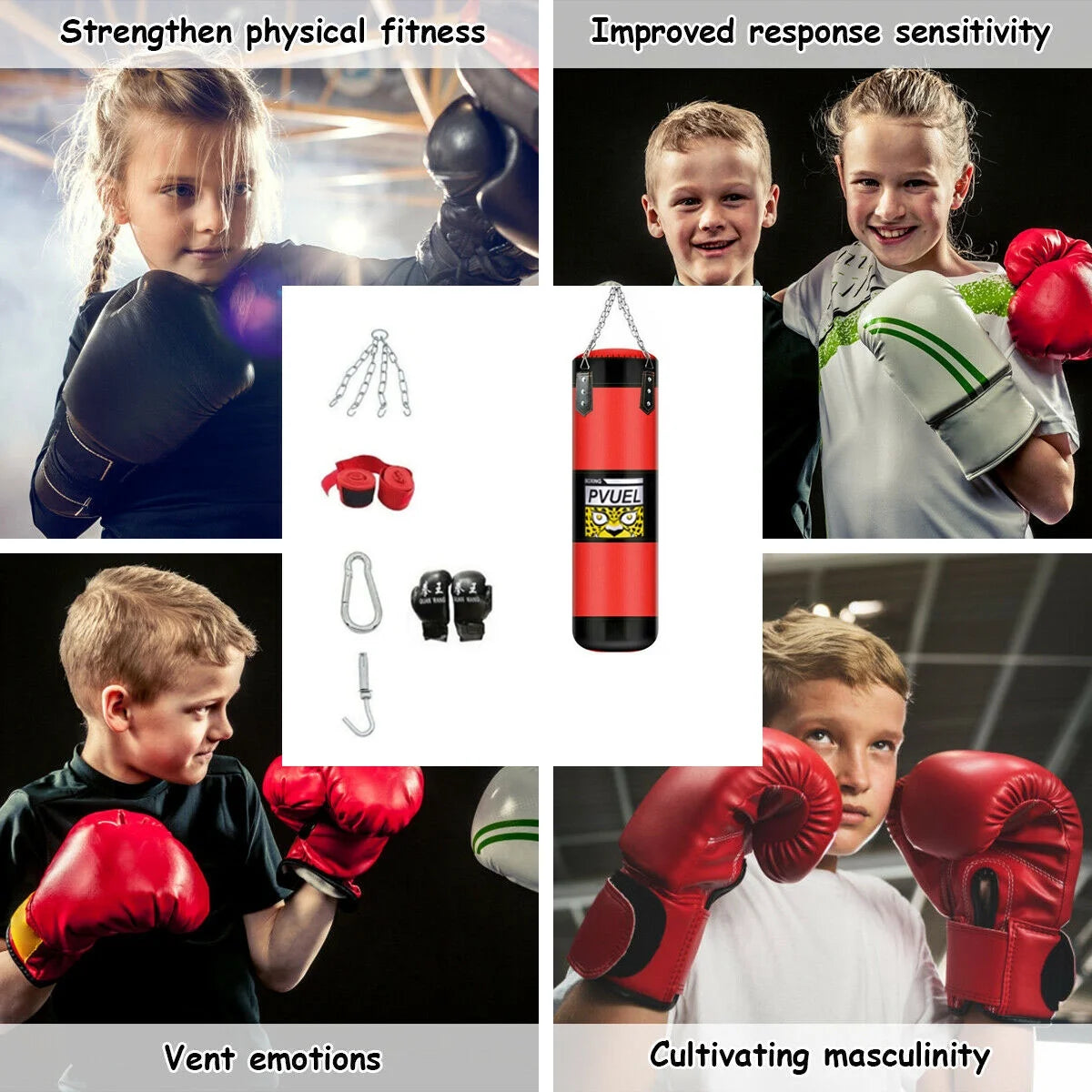 Saco de boxeo colgante para niños, ideal para entrenamiento de velocidad, gimnasio, con guantes y accesorios.